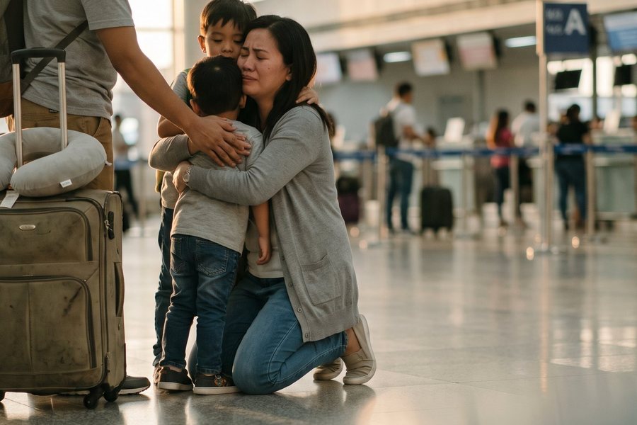 OFW na nagpapaalam sa pamilya sa airport